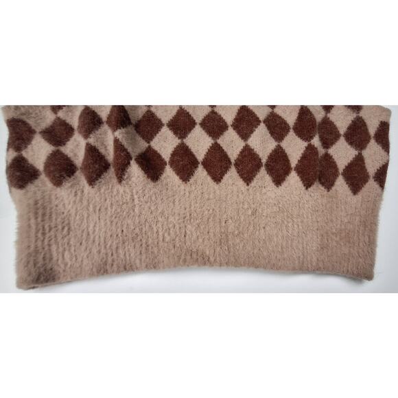 Sincerely Jules Fuzzy V neck Argyle Sweater Vest Brown Tan Size M Academia - Picture 5 of 8
